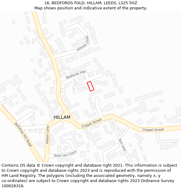 16, BEDFORDS FOLD, HILLAM, LEEDS, LS25 5HZ: Location map and indicative extent of plot