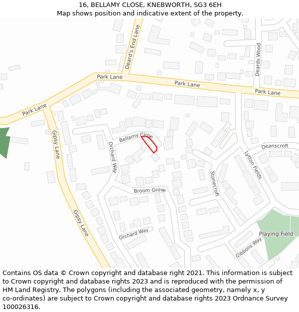 16, BELLAMY CLOSE, KNEBWORTH, SG3 6EH: Location map and indicative extent of plot