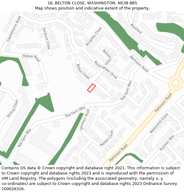 16, BELTON CLOSE, WASHINGTON, NE38 8BS: Location map and indicative extent of plot