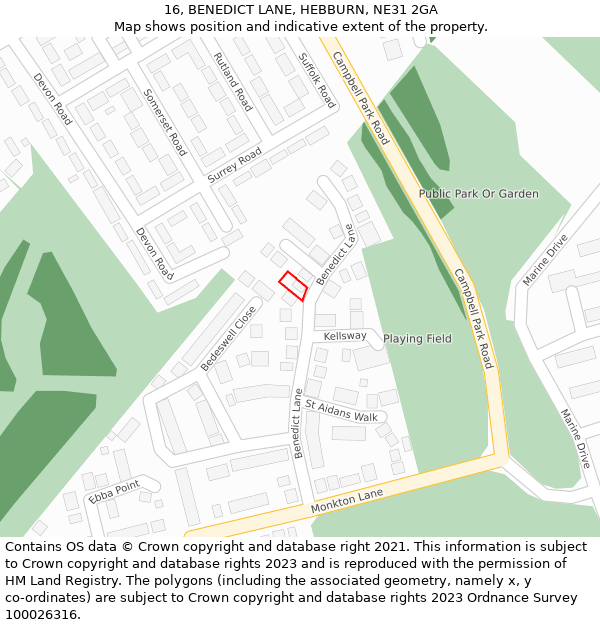 16, BENEDICT LANE, HEBBURN, NE31 2GA: Location map and indicative extent of plot