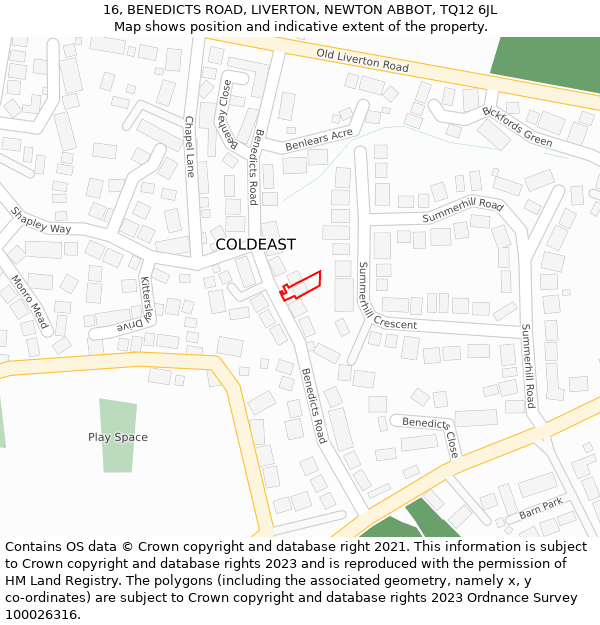 16, BENEDICTS ROAD, LIVERTON, NEWTON ABBOT, TQ12 6JL: Location map and indicative extent of plot