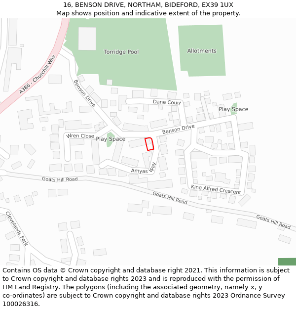 16, BENSON DRIVE, NORTHAM, BIDEFORD, EX39 1UX: Location map and indicative extent of plot