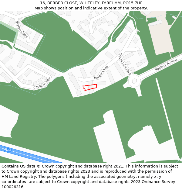 16, BERBER CLOSE, WHITELEY, FAREHAM, PO15 7HF: Location map and indicative extent of plot