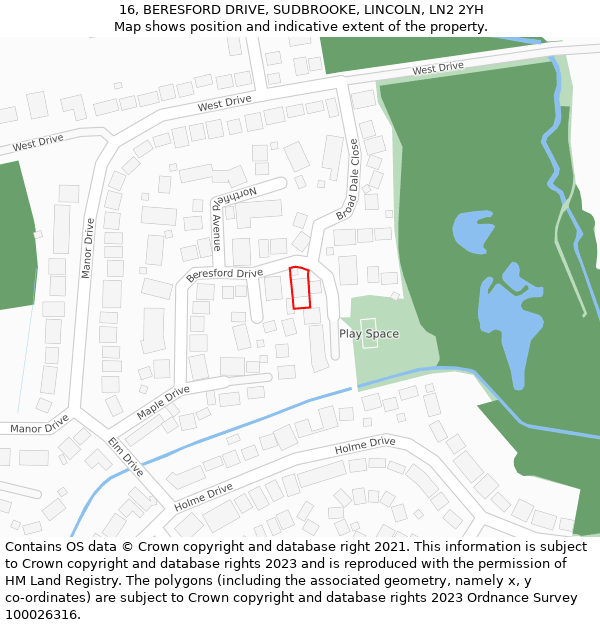 16, BERESFORD DRIVE, SUDBROOKE, LINCOLN, LN2 2YH: Location map and indicative extent of plot