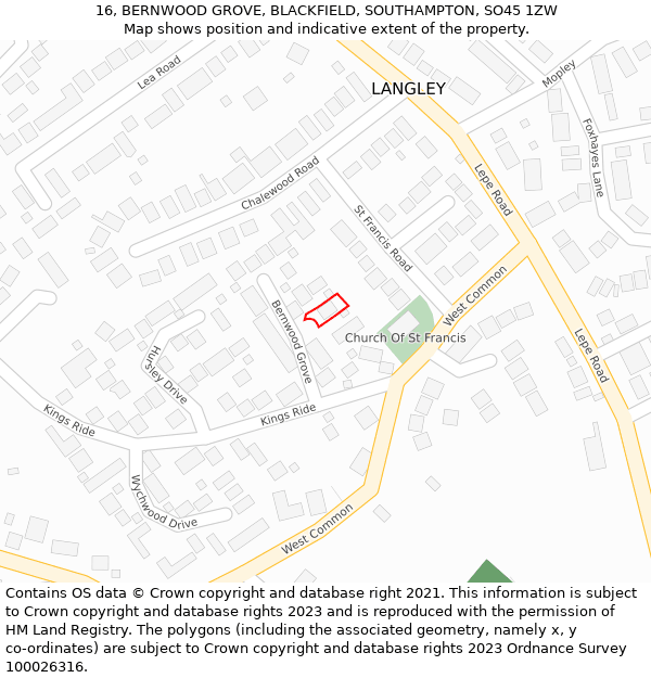 16, BERNWOOD GROVE, BLACKFIELD, SOUTHAMPTON, SO45 1ZW: Location map and indicative extent of plot