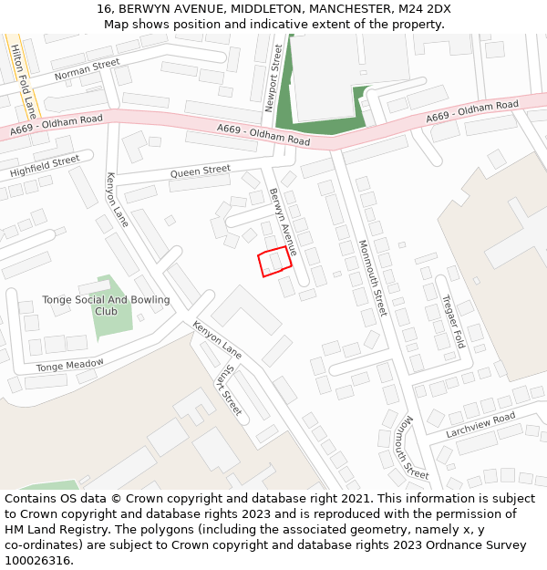 16, BERWYN AVENUE, MIDDLETON, MANCHESTER, M24 2DX: Location map and indicative extent of plot
