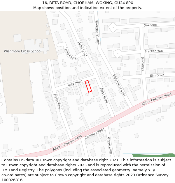 16, BETA ROAD, CHOBHAM, WOKING, GU24 8PX: Location map and indicative extent of plot
