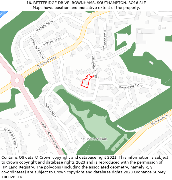 16, BETTERIDGE DRIVE, ROWNHAMS, SOUTHAMPTON, SO16 8LE: Location map and indicative extent of plot