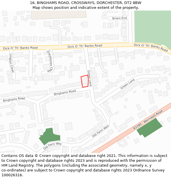 16, BINGHAMS ROAD, CROSSWAYS, DORCHESTER, DT2 8BW: Location map and indicative extent of plot