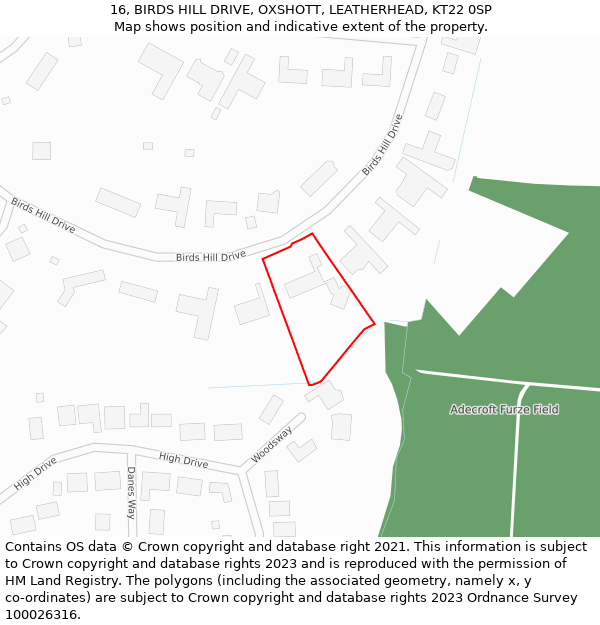 16, BIRDS HILL DRIVE, OXSHOTT, LEATHERHEAD, KT22 0SP: Location map and indicative extent of plot