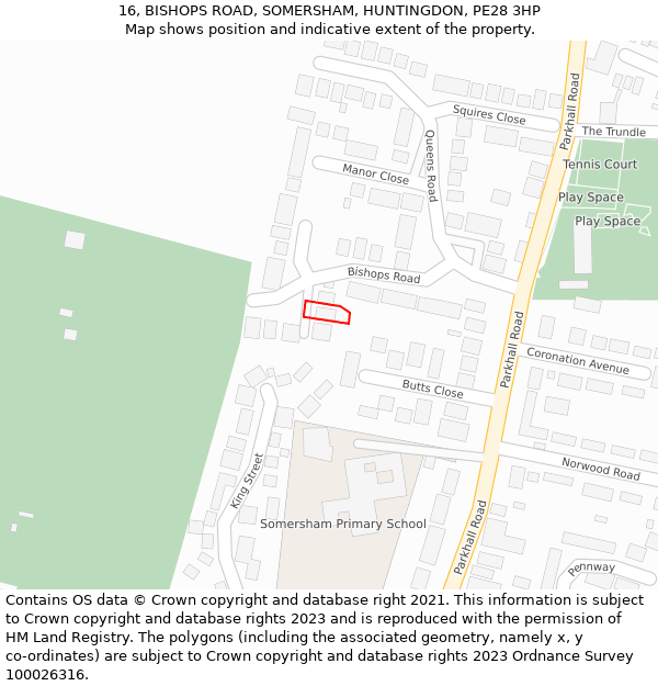 16, BISHOPS ROAD, SOMERSHAM, HUNTINGDON, PE28 3HP: Location map and indicative extent of plot