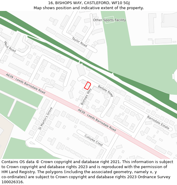 16, BISHOPS WAY, CASTLEFORD, WF10 5GJ: Location map and indicative extent of plot