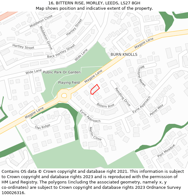 16, BITTERN RISE, MORLEY, LEEDS, LS27 8GH: Location map and indicative extent of plot