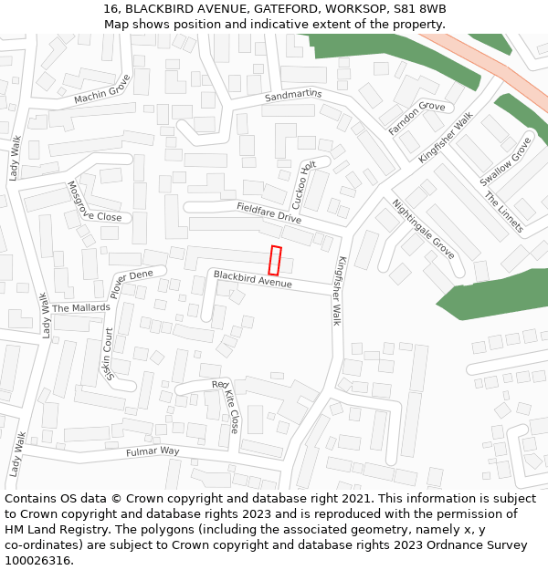 16, BLACKBIRD AVENUE, GATEFORD, WORKSOP, S81 8WB: Location map and indicative extent of plot