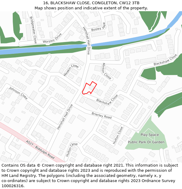 16, BLACKSHAW CLOSE, CONGLETON, CW12 3TB: Location map and indicative extent of plot
