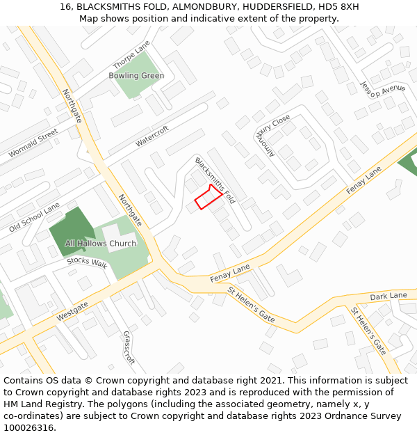 16, BLACKSMITHS FOLD, ALMONDBURY, HUDDERSFIELD, HD5 8XH: Location map and indicative extent of plot