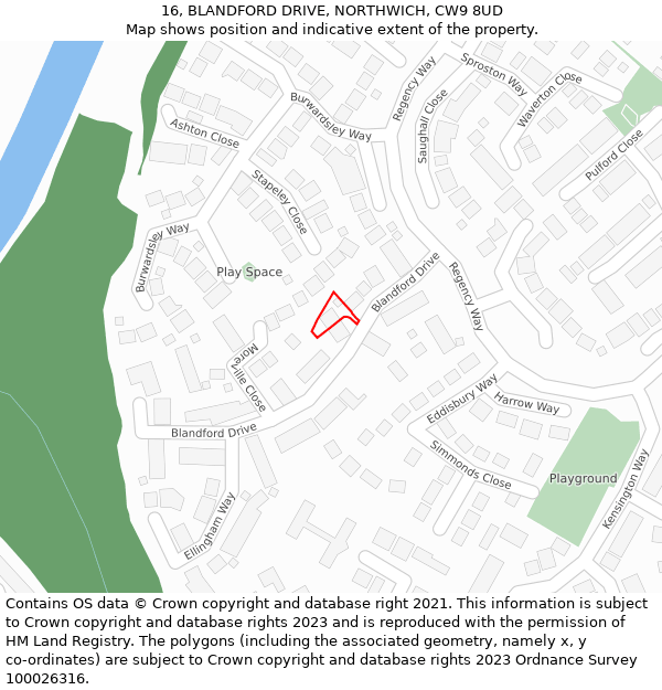 16, BLANDFORD DRIVE, NORTHWICH, CW9 8UD: Location map and indicative extent of plot