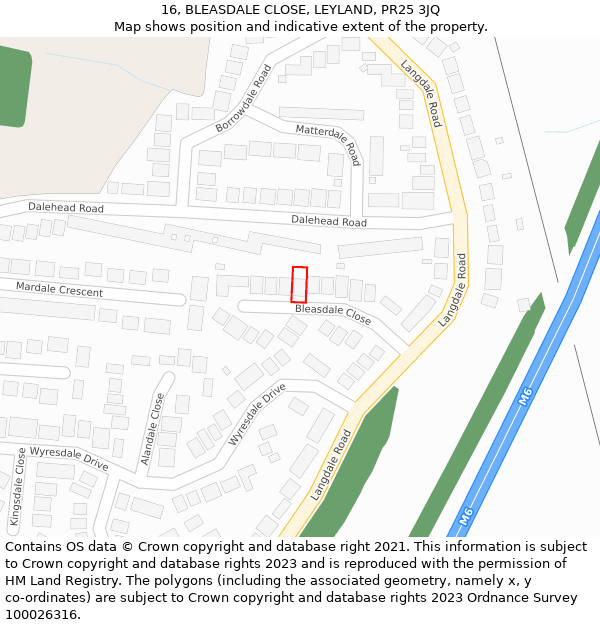 16, BLEASDALE CLOSE, LEYLAND, PR25 3JQ: Location map and indicative extent of plot