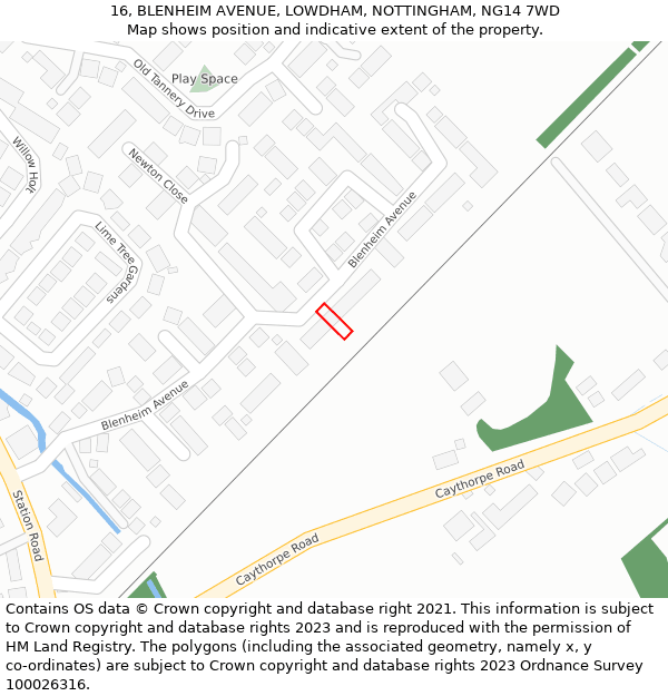 16, BLENHEIM AVENUE, LOWDHAM, NOTTINGHAM, NG14 7WD: Location map and indicative extent of plot