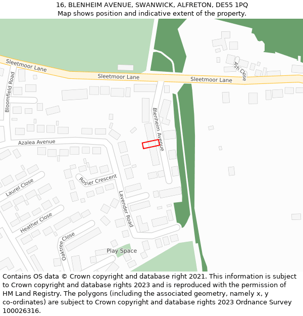 16, BLENHEIM AVENUE, SWANWICK, ALFRETON, DE55 1PQ: Location map and indicative extent of plot