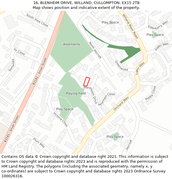 16, BLENHEIM DRIVE, WILLAND, CULLOMPTON, EX15 2TB: Location map and indicative extent of plot