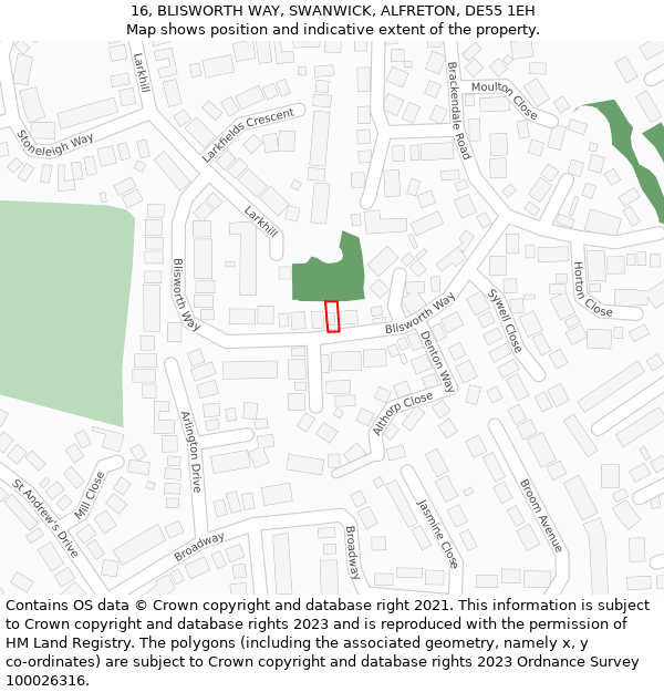 16, BLISWORTH WAY, SWANWICK, ALFRETON, DE55 1EH: Location map and indicative extent of plot