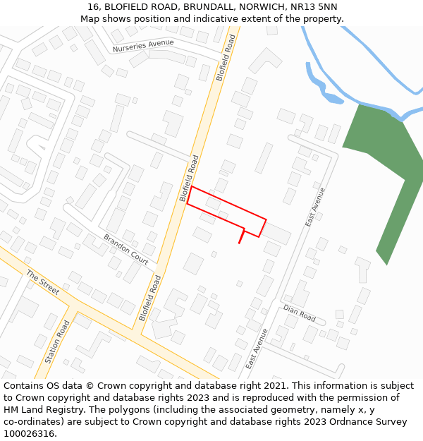 16, BLOFIELD ROAD, BRUNDALL, NORWICH, NR13 5NN: Location map and indicative extent of plot