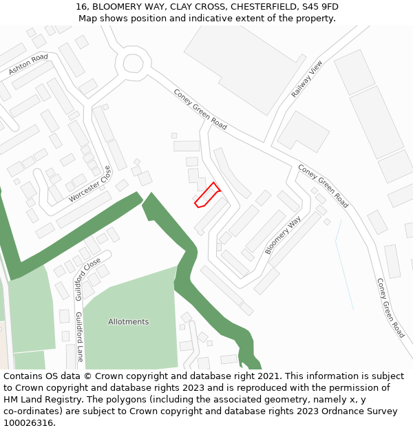 16, BLOOMERY WAY, CLAY CROSS, CHESTERFIELD, S45 9FD: Location map and indicative extent of plot