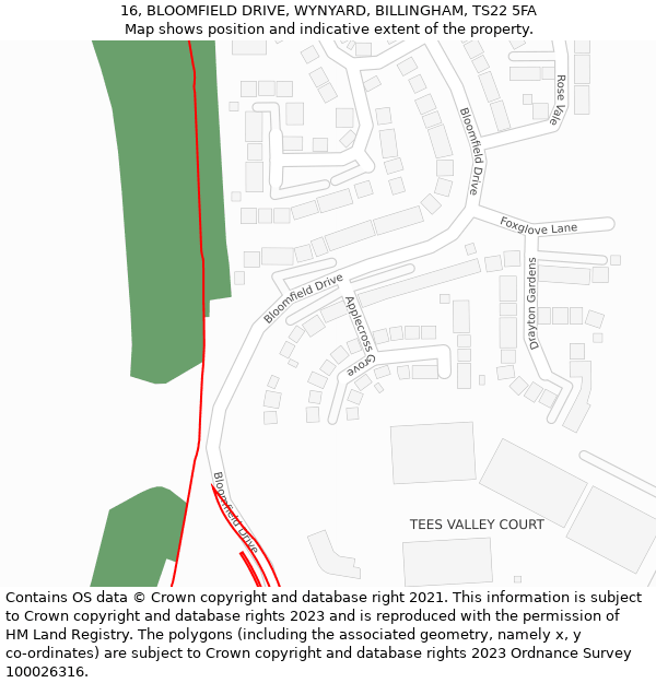 16, BLOOMFIELD DRIVE, WYNYARD, BILLINGHAM, TS22 5FA: Location map and indicative extent of plot