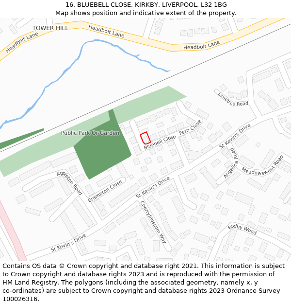 16, BLUEBELL CLOSE, KIRKBY, LIVERPOOL, L32 1BG: Location map and indicative extent of plot