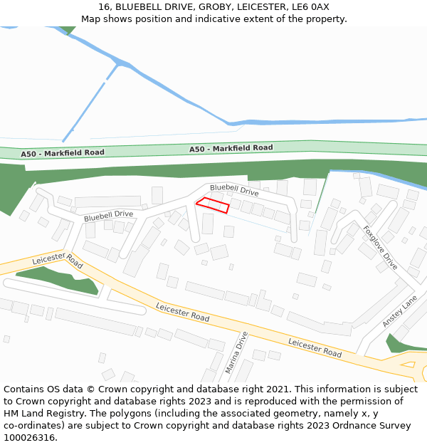 16, BLUEBELL DRIVE, GROBY, LEICESTER, LE6 0AX: Location map and indicative extent of plot