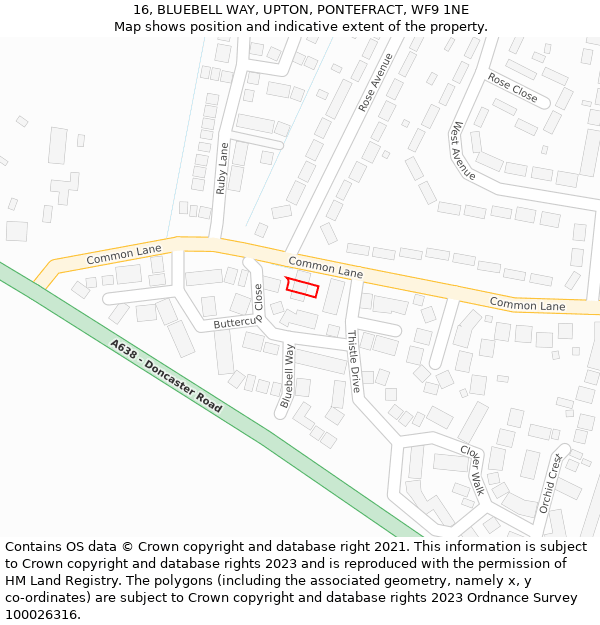 16, BLUEBELL WAY, UPTON, PONTEFRACT, WF9 1NE: Location map and indicative extent of plot