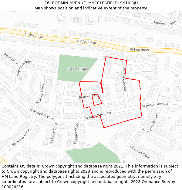 16, BODMIN AVENUE, MACCLESFIELD, SK10 3JU: Location map and indicative extent of plot