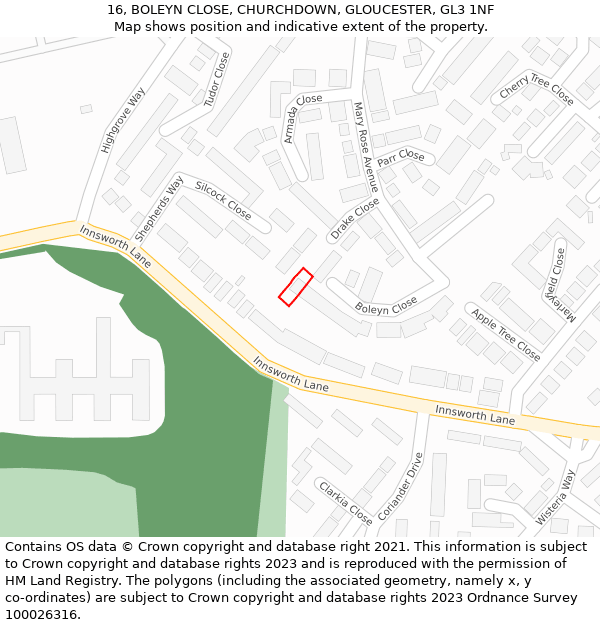 16, BOLEYN CLOSE, CHURCHDOWN, GLOUCESTER, GL3 1NF: Location map and indicative extent of plot