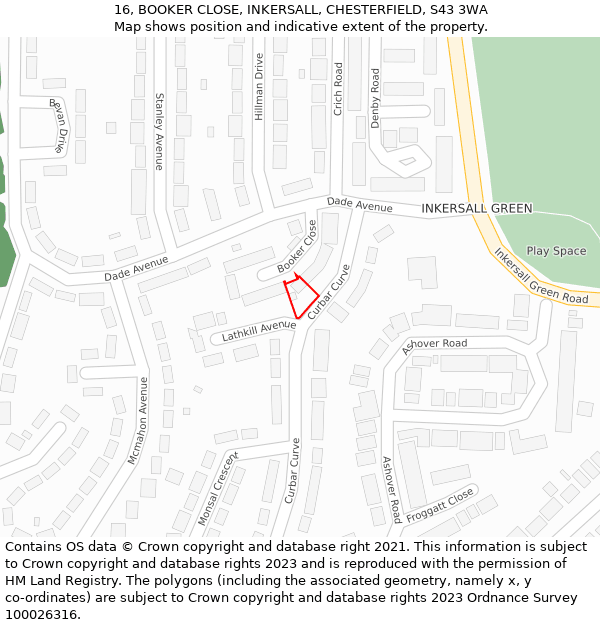 16, BOOKER CLOSE, INKERSALL, CHESTERFIELD, S43 3WA: Location map and indicative extent of plot