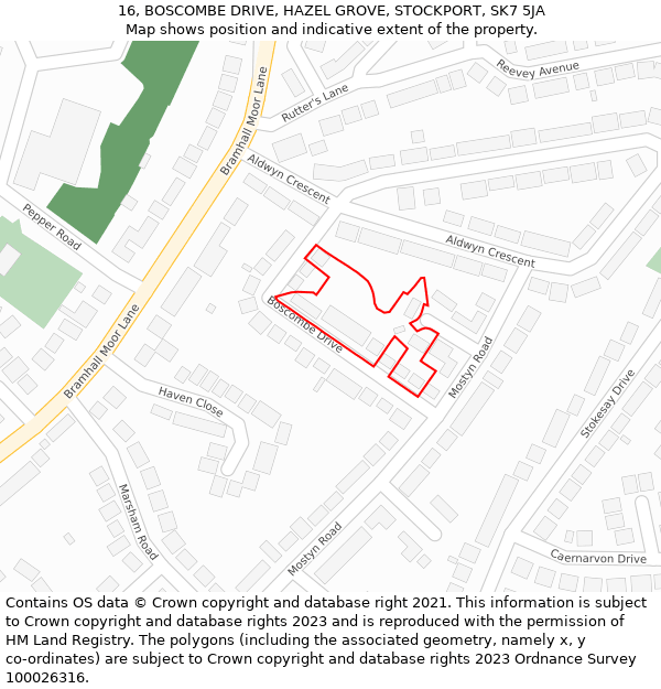 16, BOSCOMBE DRIVE, HAZEL GROVE, STOCKPORT, SK7 5JA: Location map and indicative extent of plot