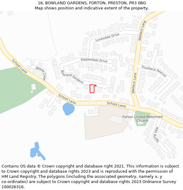 16, BOWLAND GARDENS, FORTON, PRESTON, PR3 0BG: Location map and indicative extent of plot