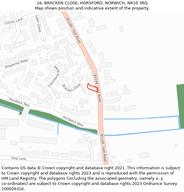 16, BRACKEN CLOSE, HORSFORD, NORWICH, NR10 3RQ: Location map and indicative extent of plot