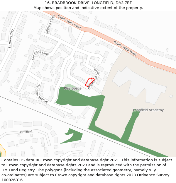 16, BRADBROOK DRIVE, LONGFIELD, DA3 7BF: Location map and indicative extent of plot