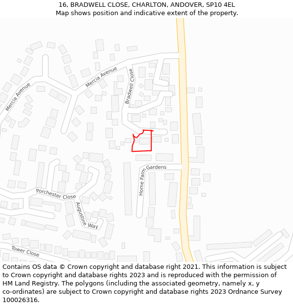 16, BRADWELL CLOSE, CHARLTON, ANDOVER, SP10 4EL: Location map and indicative extent of plot