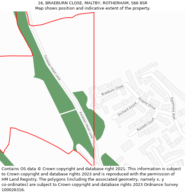 16, BRAEBURN CLOSE, MALTBY, ROTHERHAM, S66 8SR: Location map and indicative extent of plot