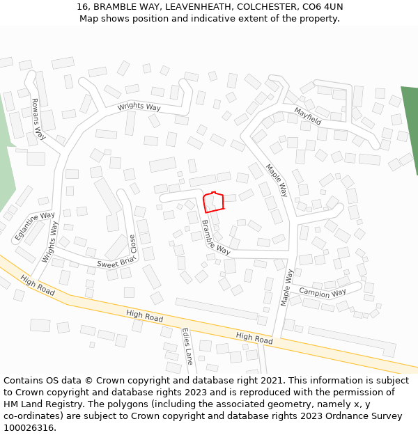 16, BRAMBLE WAY, LEAVENHEATH, COLCHESTER, CO6 4UN: Location map and indicative extent of plot