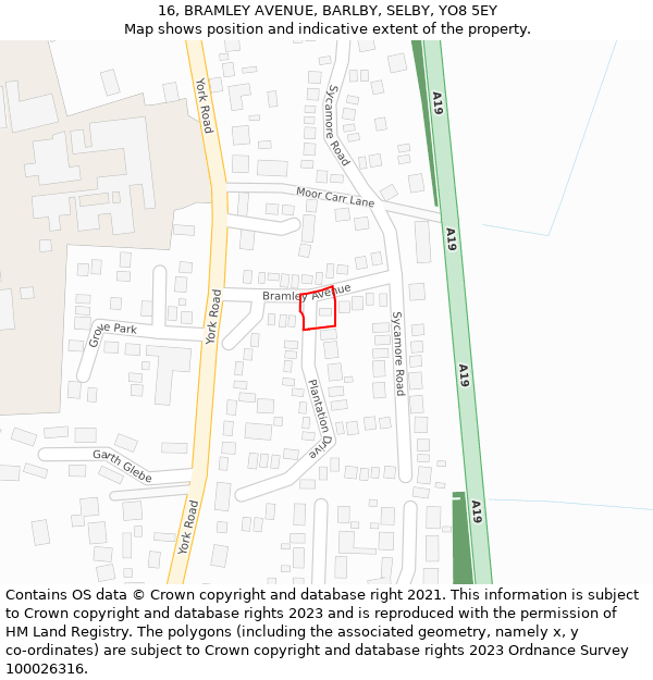 16, BRAMLEY AVENUE, BARLBY, SELBY, YO8 5EY: Location map and indicative extent of plot