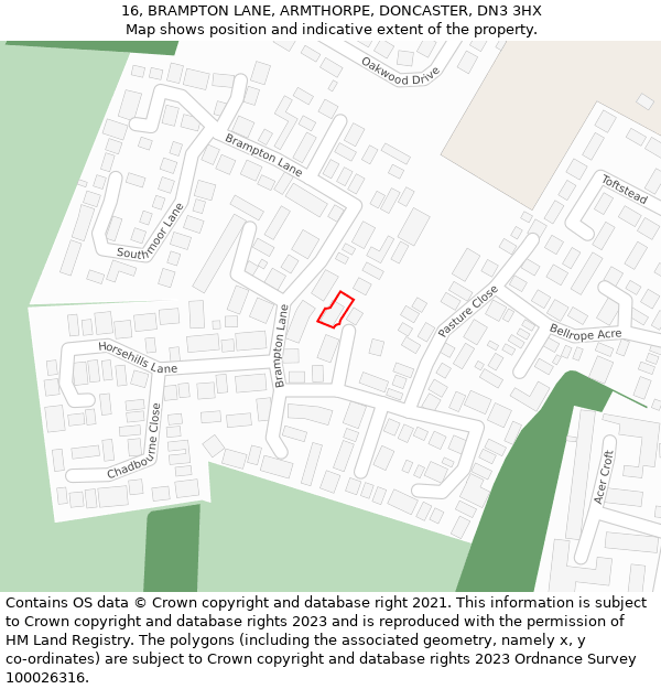 16, BRAMPTON LANE, ARMTHORPE, DONCASTER, DN3 3HX: Location map and indicative extent of plot