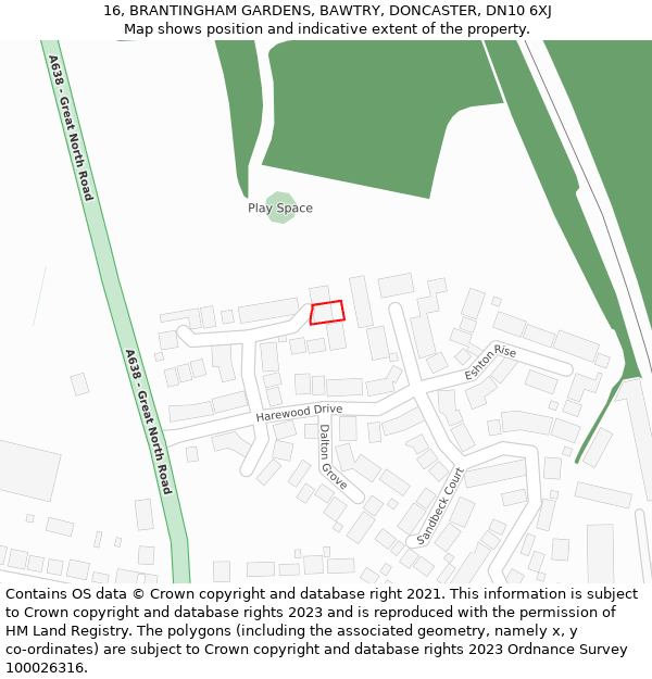 16, BRANTINGHAM GARDENS, BAWTRY, DONCASTER, DN10 6XJ: Location map and indicative extent of plot