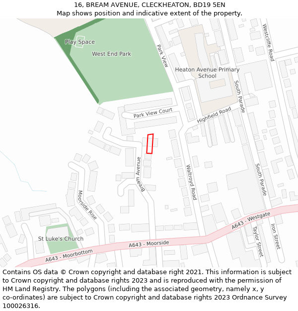 16, BREAM AVENUE, CLECKHEATON, BD19 5EN: Location map and indicative extent of plot