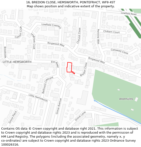 16, BREDON CLOSE, HEMSWORTH, PONTEFRACT, WF9 4ST: Location map and indicative extent of plot