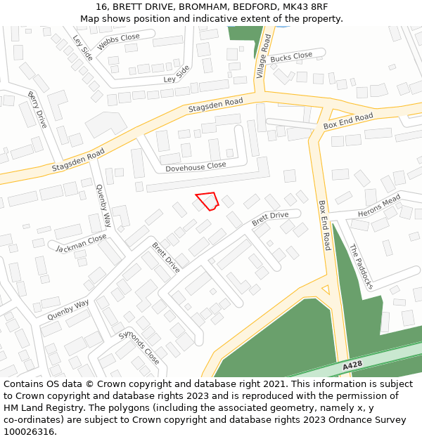 16, BRETT DRIVE, BROMHAM, BEDFORD, MK43 8RF: Location map and indicative extent of plot