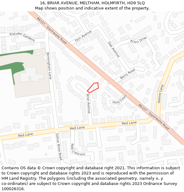 16, BRIAR AVENUE, MELTHAM, HOLMFIRTH, HD9 5LQ: Location map and indicative extent of plot