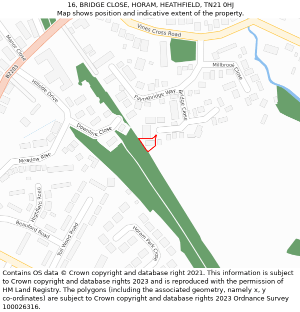 16, BRIDGE CLOSE, HORAM, HEATHFIELD, TN21 0HJ: Location map and indicative extent of plot